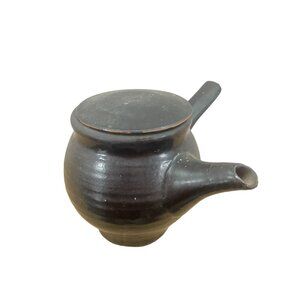 Japanese Antique Black Pottery Clay Teapot With Lid and Dual Spouts